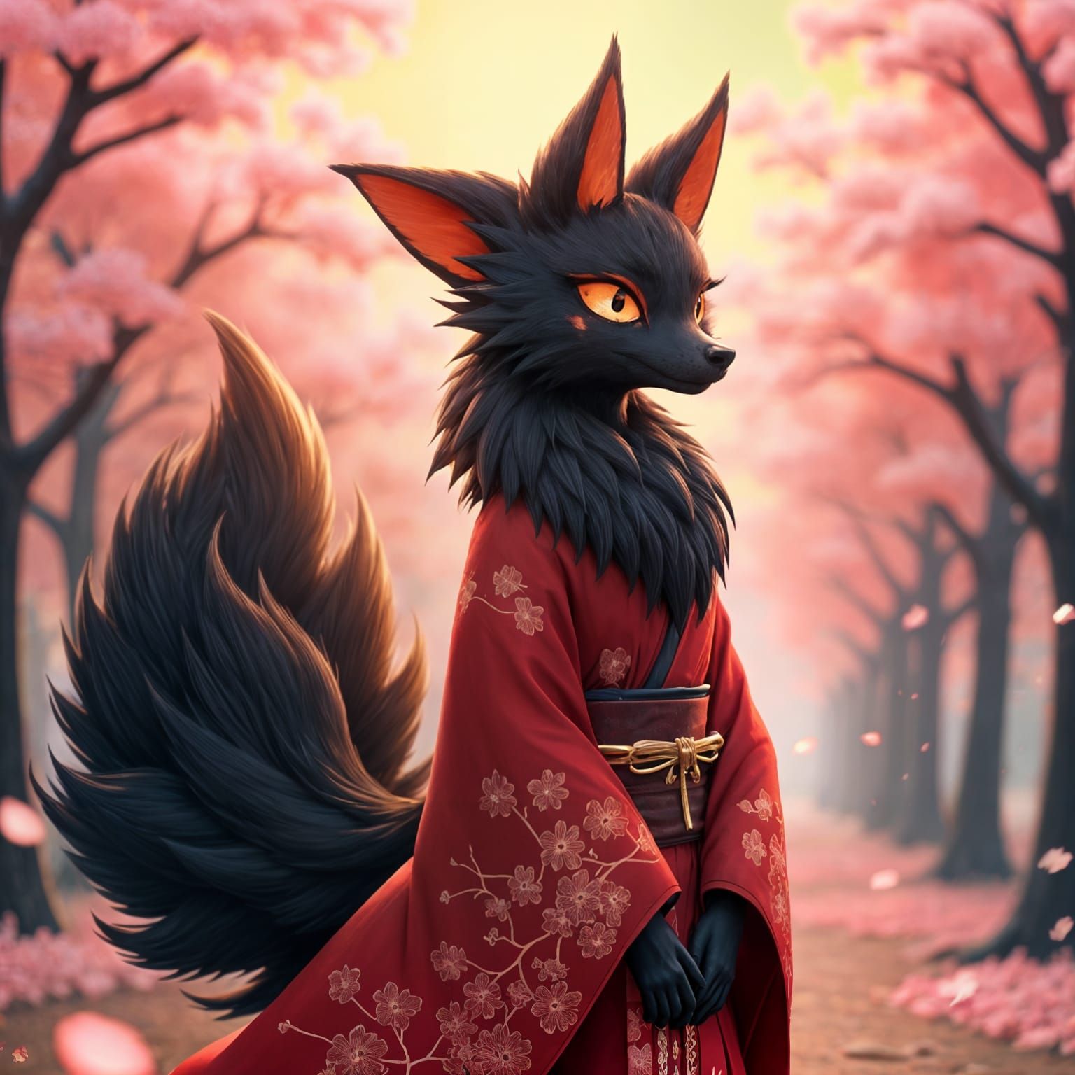 Black and Red Kitsune in Cherry Blossom Forest