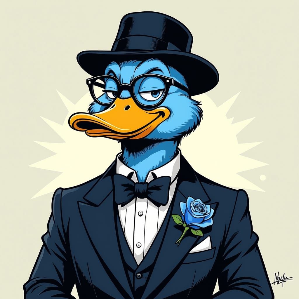 Joyful Blue Duck in Tuxedo and Cap, Franquin Style
