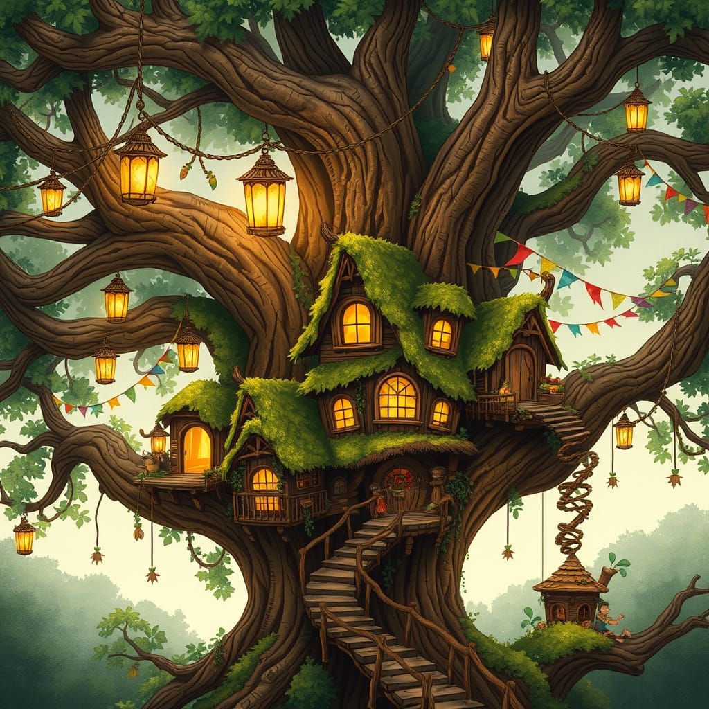 Whimsical Treehouse Village in a Giant Oak Tree