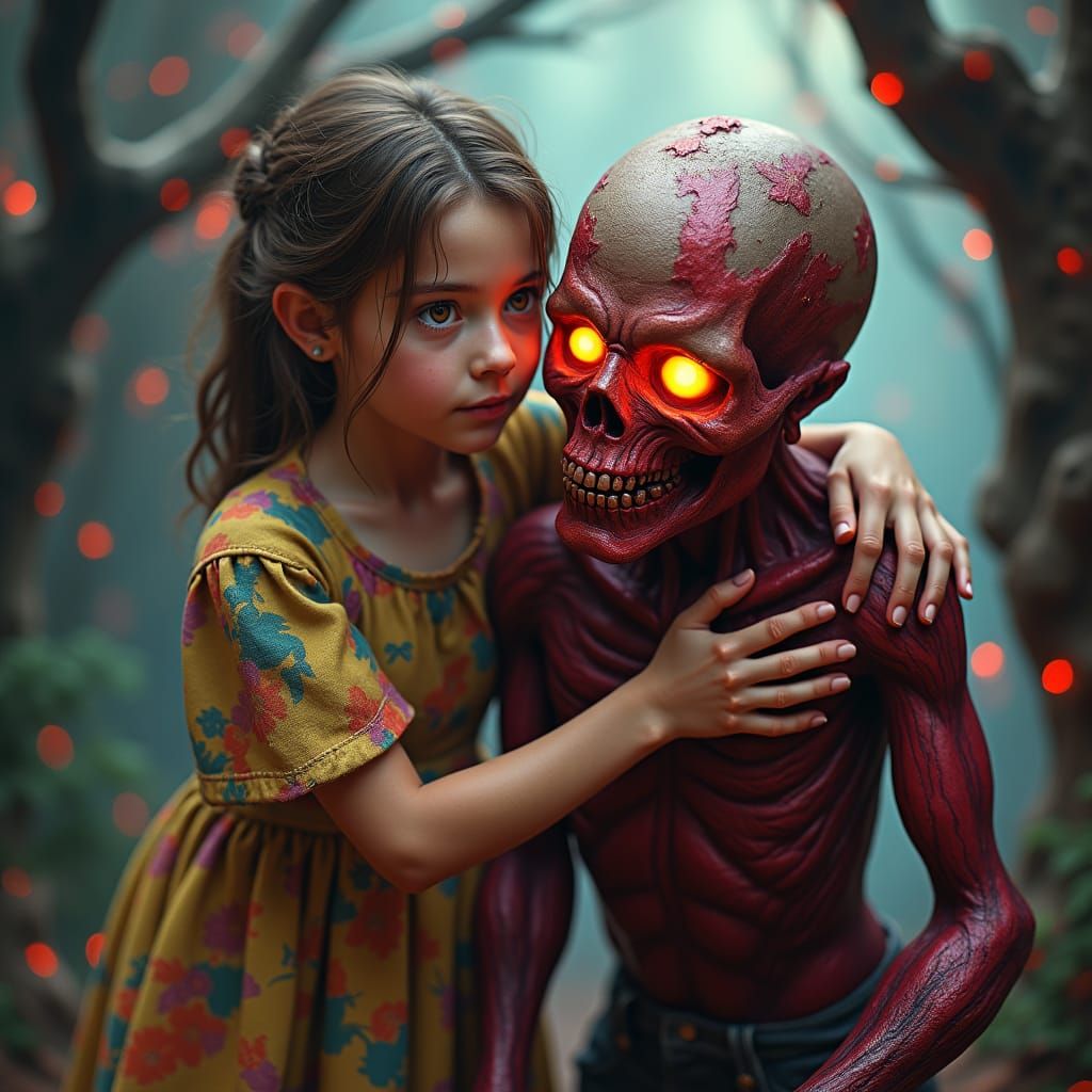 Girl and Crimson Zombie in Mystical Forest