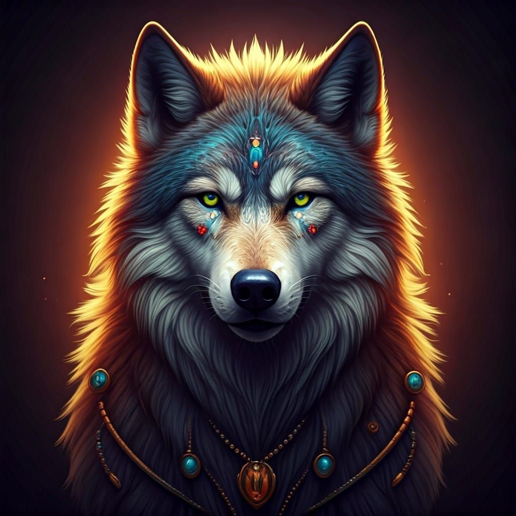 Fantastical Native American Wolf with Vibrant Jewelry