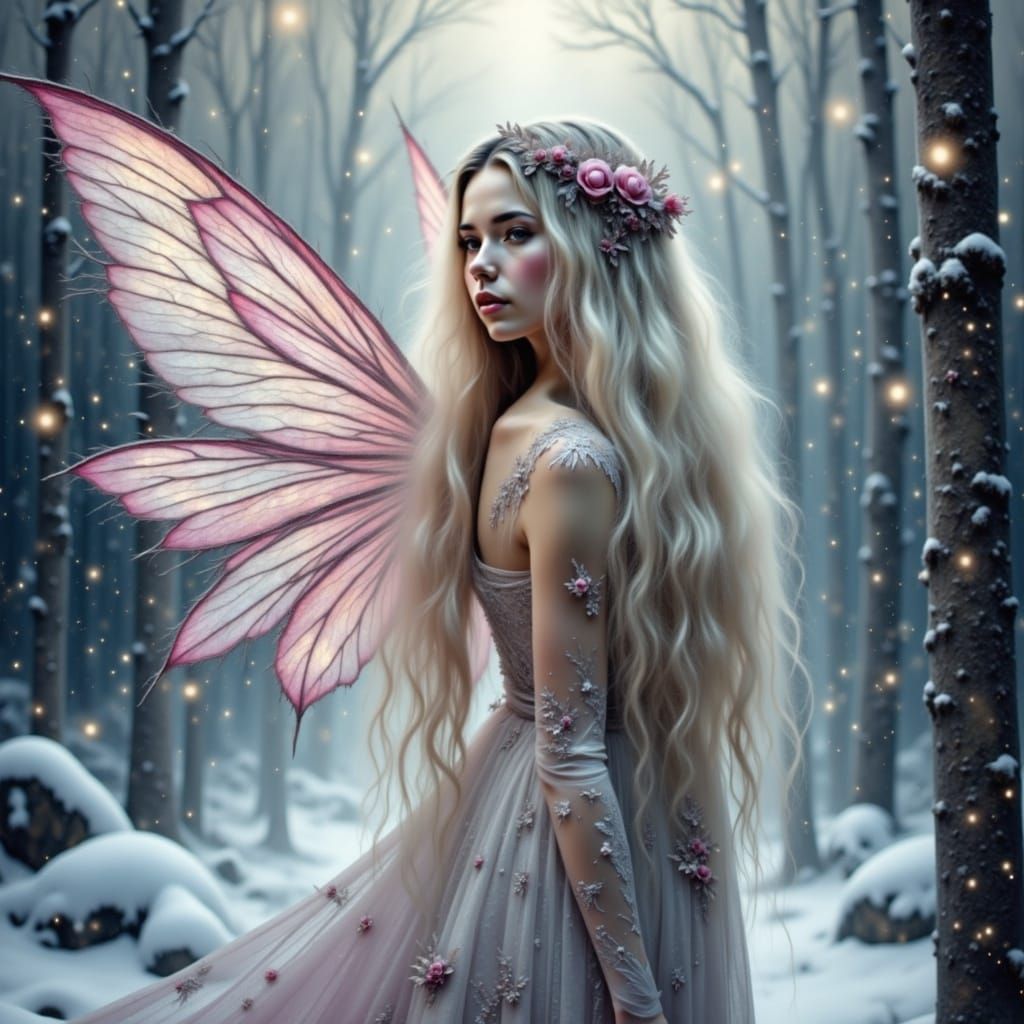 Winter Fairy with White Hair and Dragonfly Wings in Snowy Fo...