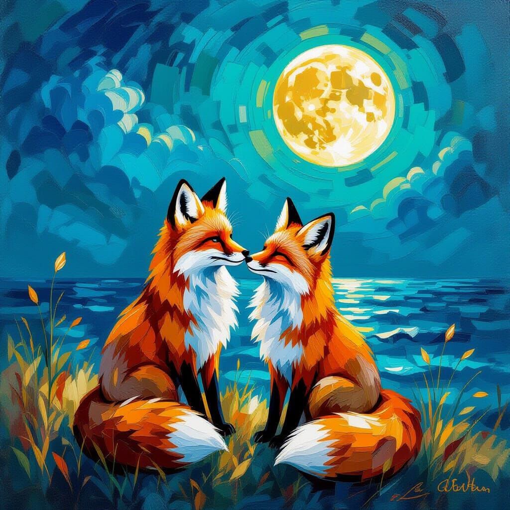 Whimsical Autumn Fox Painting Under Harvest Moon