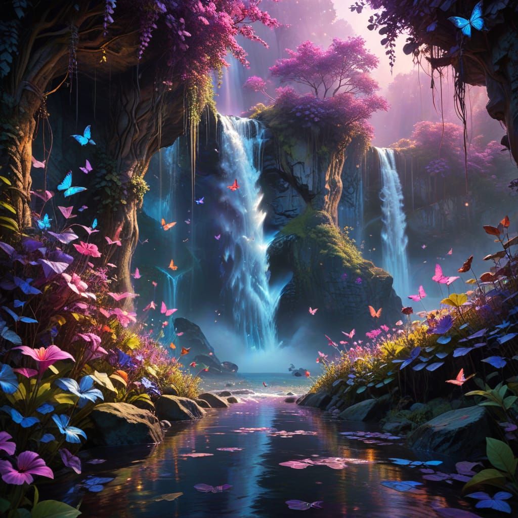 Ethereal Waterfall in Vibrant Digital Fantasy Art