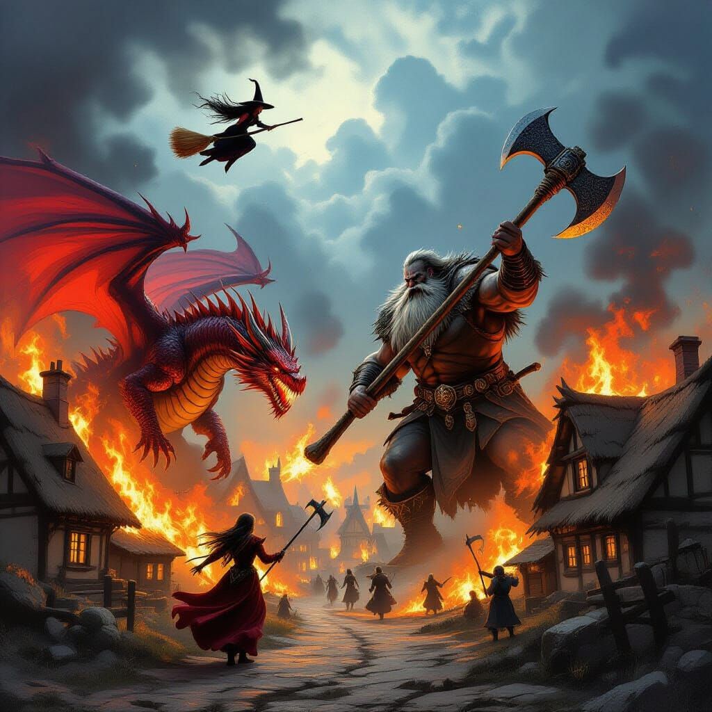 Dragon, Giant, and Witch Attack Burning Medieval Village