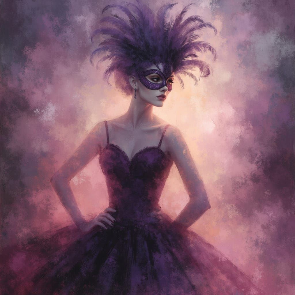 Masked Showgirl in Dreamy Cloudscape, Oil Portrait