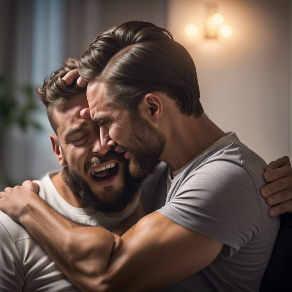 Touching Image of Male Couple Crying Together