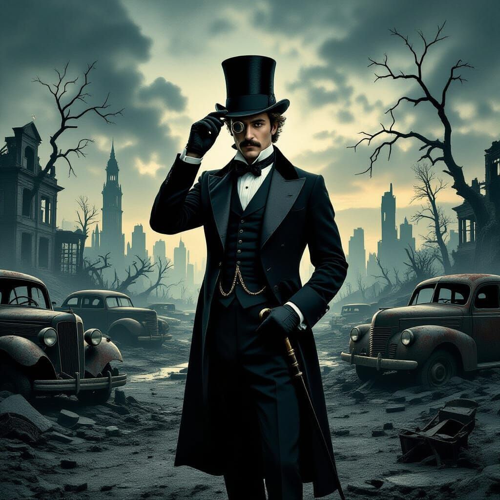 Victorian Gentleman in Post-Apocalyptic Wasteland, Cinematic...