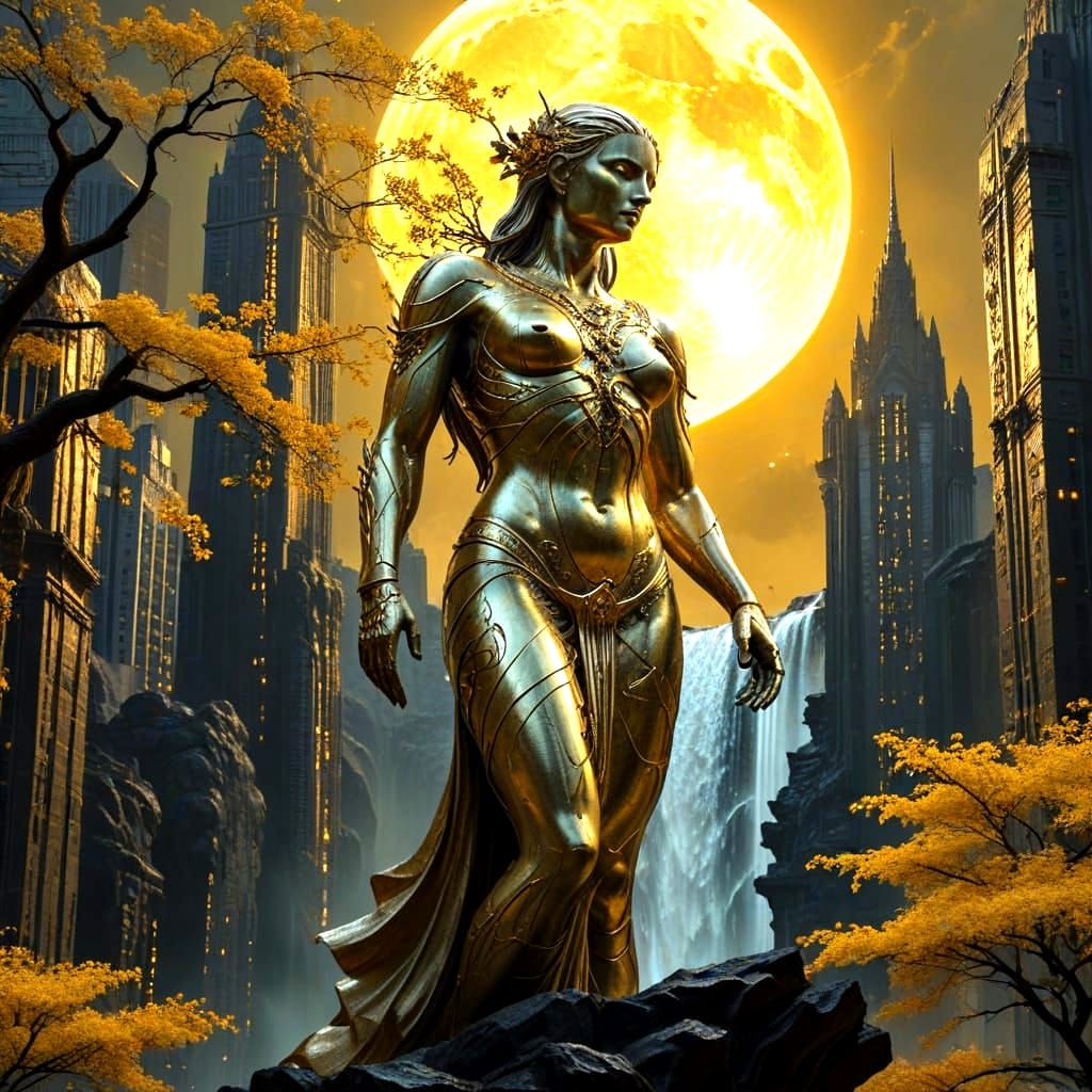 Golden Statue in Dark Fantasy Cityscape