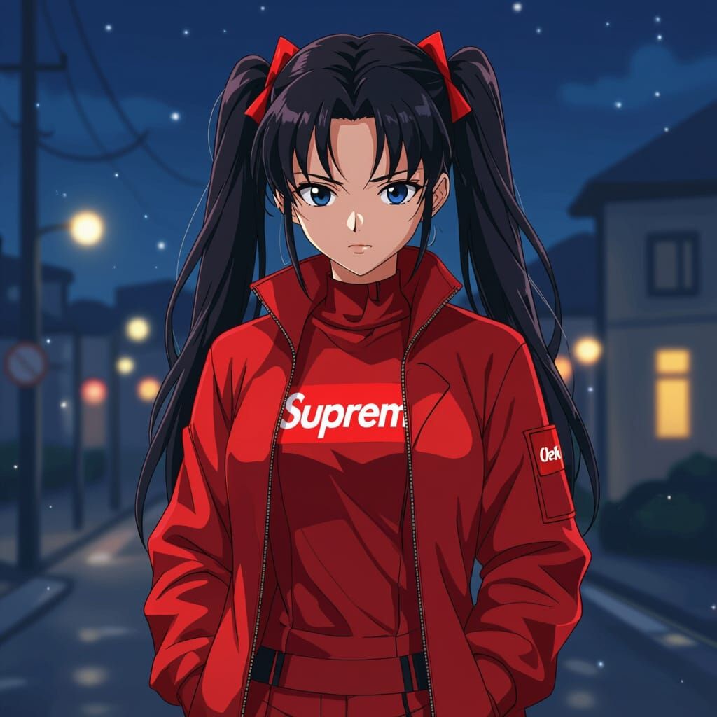 Rin Tohsaka Anime Art in Red Outfit at Night