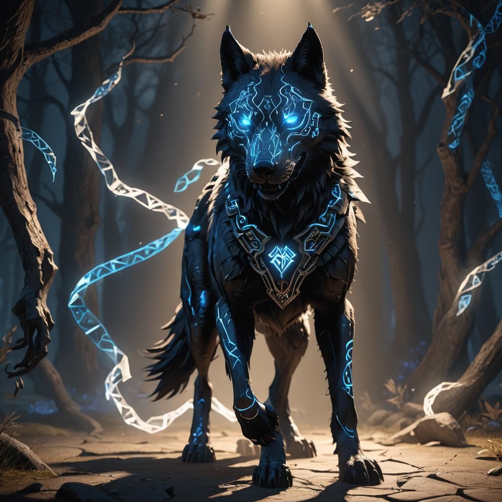 Glowing Rune Wolf in Shadow