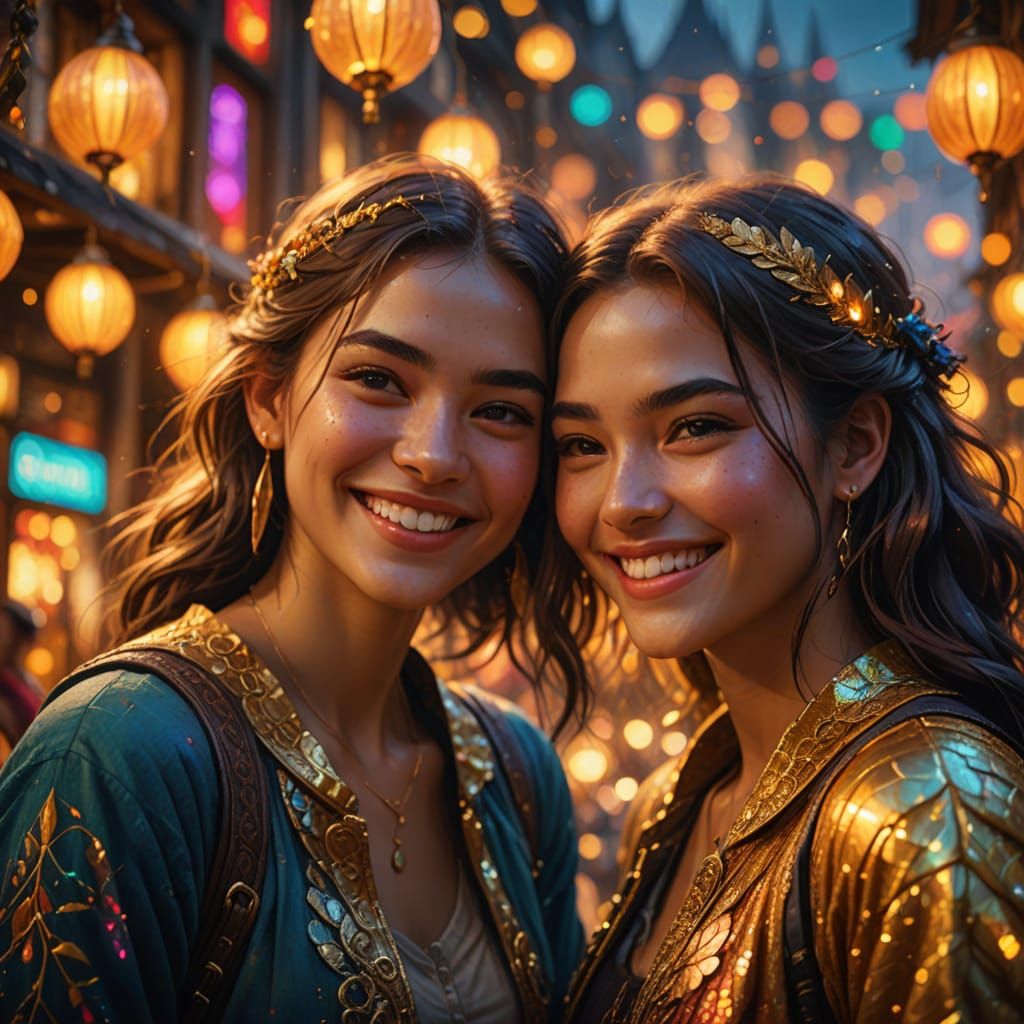 Two Friends Embracing in Vibrant Fantasy World