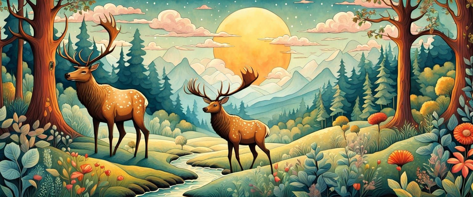Folk Art Elk in Mystical Forest Glade Painting
