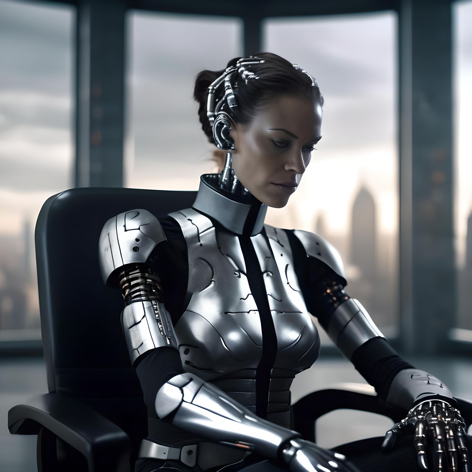 Calculating Female Cyborg in Dimly Lit Cityscape