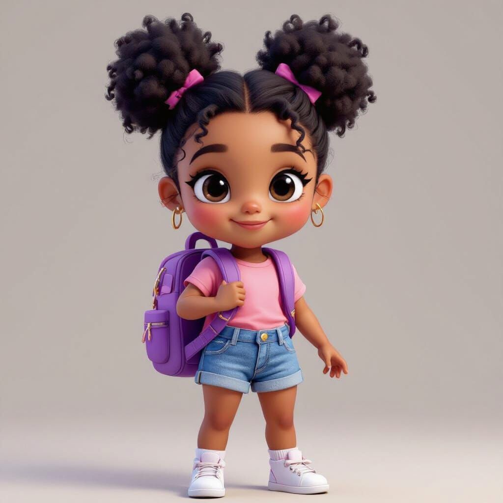 Chibi Girl with Afro Puffs in Vibrant Realistic Style
