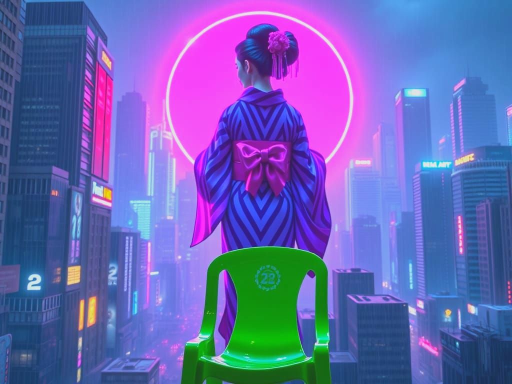 Neon Geisha Ad in Cyberpunk Metropolis
