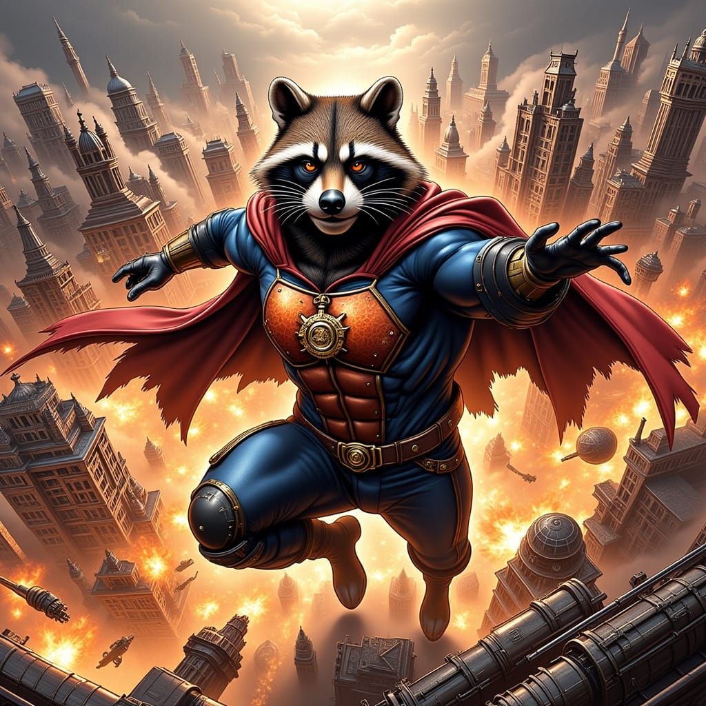 Steampunk Raccoon Superhero in Dynamic Action Pose