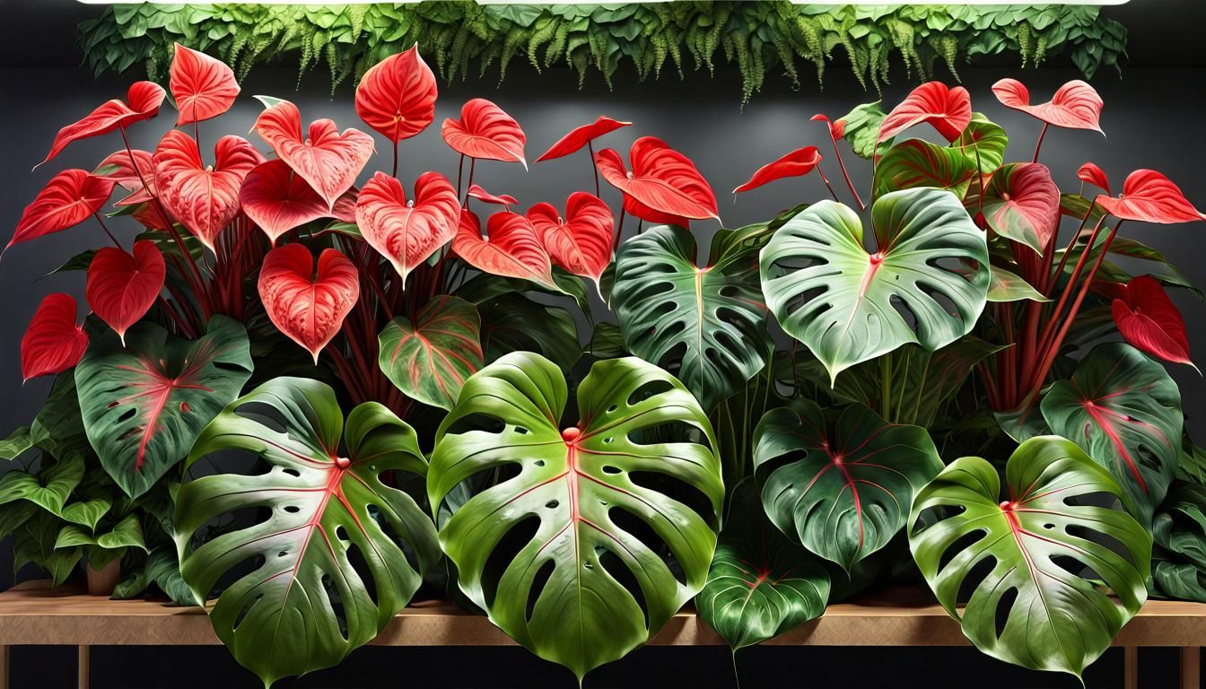 Split-Leaf Philodendron, Caladiums and Red Anthuriums, versi...
