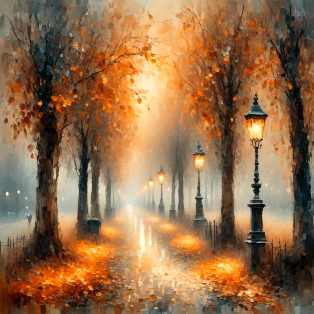 Tranquil Autumn Park at Dusk in Impressionist Style