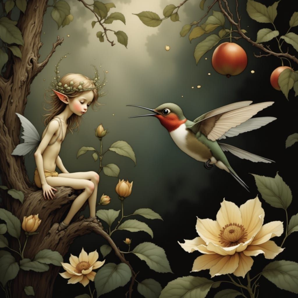 Whimsical Flower Elf in Blossoming Apple Tree