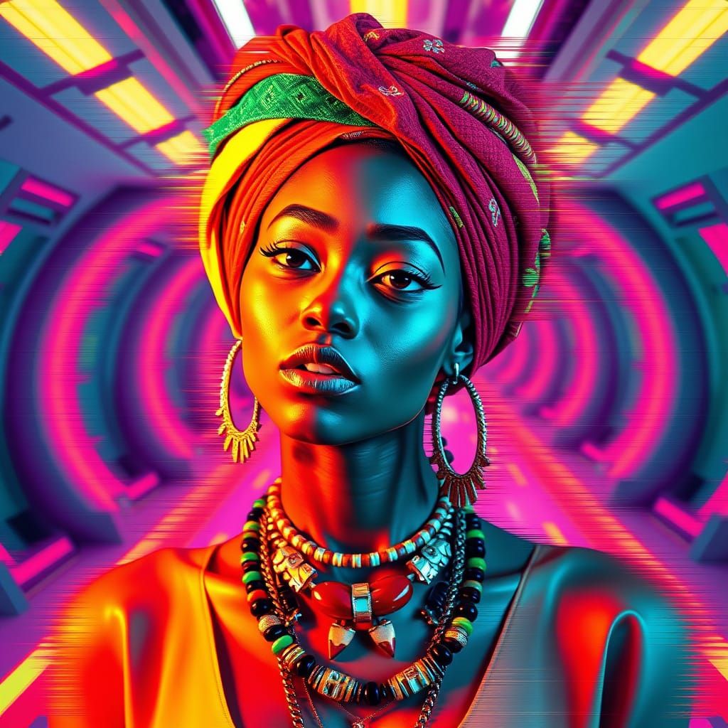 Futuristic Rastafari Woman with Psychedelic Glitch Effects