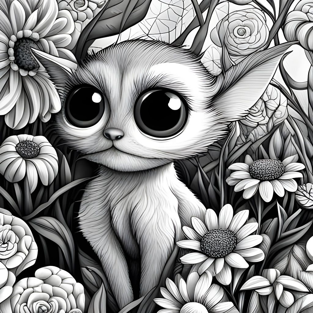 Detailed Grogu Portrait in a Flower Garden