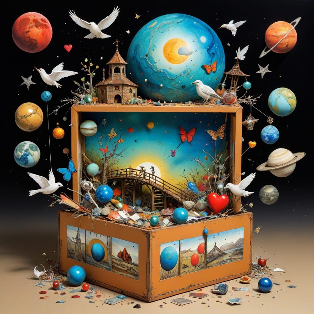 Surreal Collage of Whimsical Creatures in a Boxed Wonderland