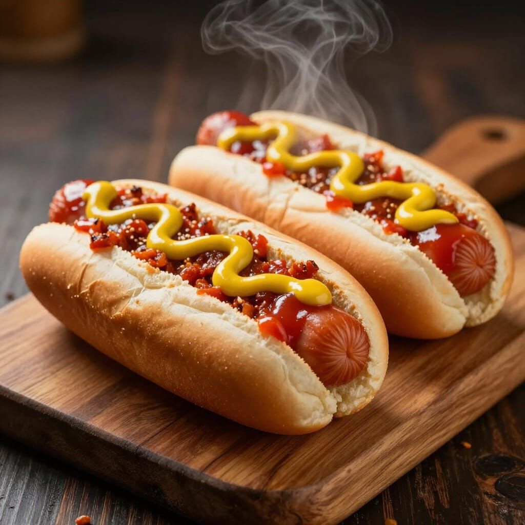 Steaming Hot Dogs with Chilli, Mustard, and Ketchup