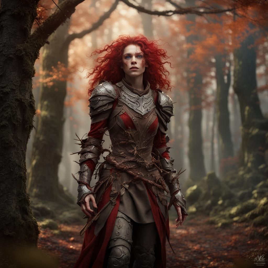 Elfin Woman with Red Hair in Medieval Forest