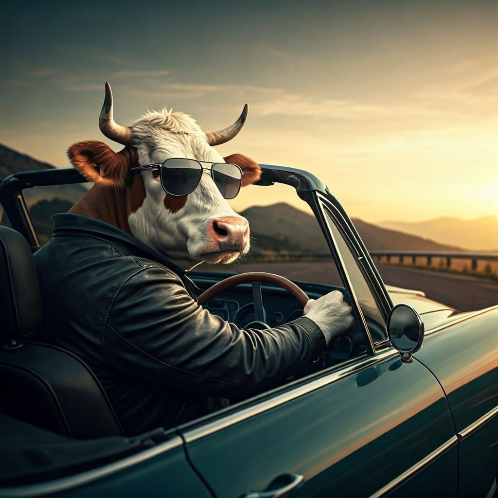 Cow Cruising Sunset Highway in Vintage Convertible