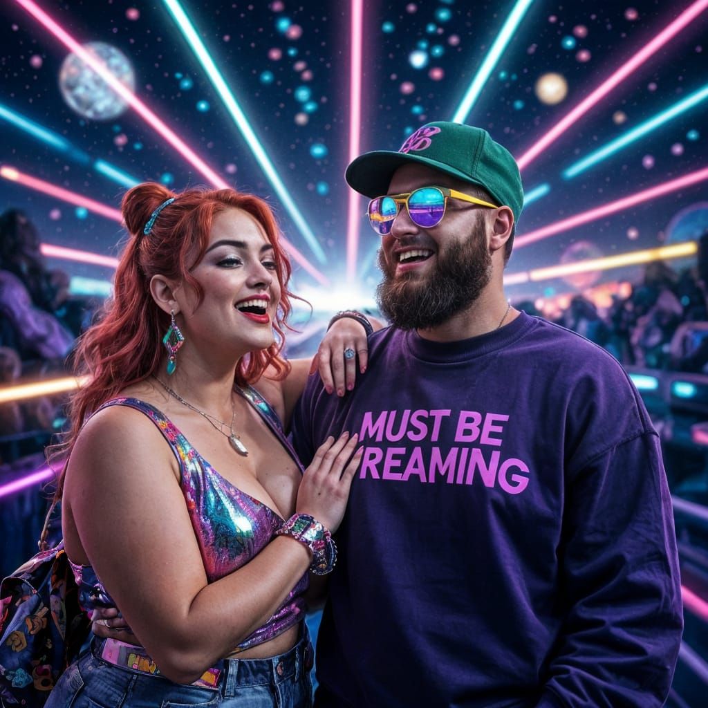 Gen-Z Girl Laughing in a Cosmic Neon Landscape