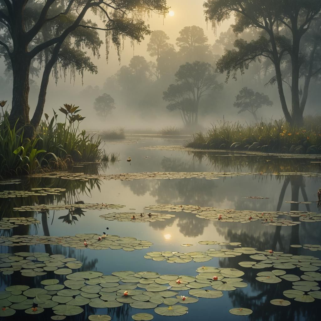 Serene Pond Reflection in Pointillist Style