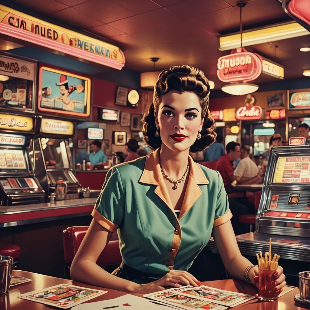 Retro Pop Art Woman Transforms in 1950s Diner