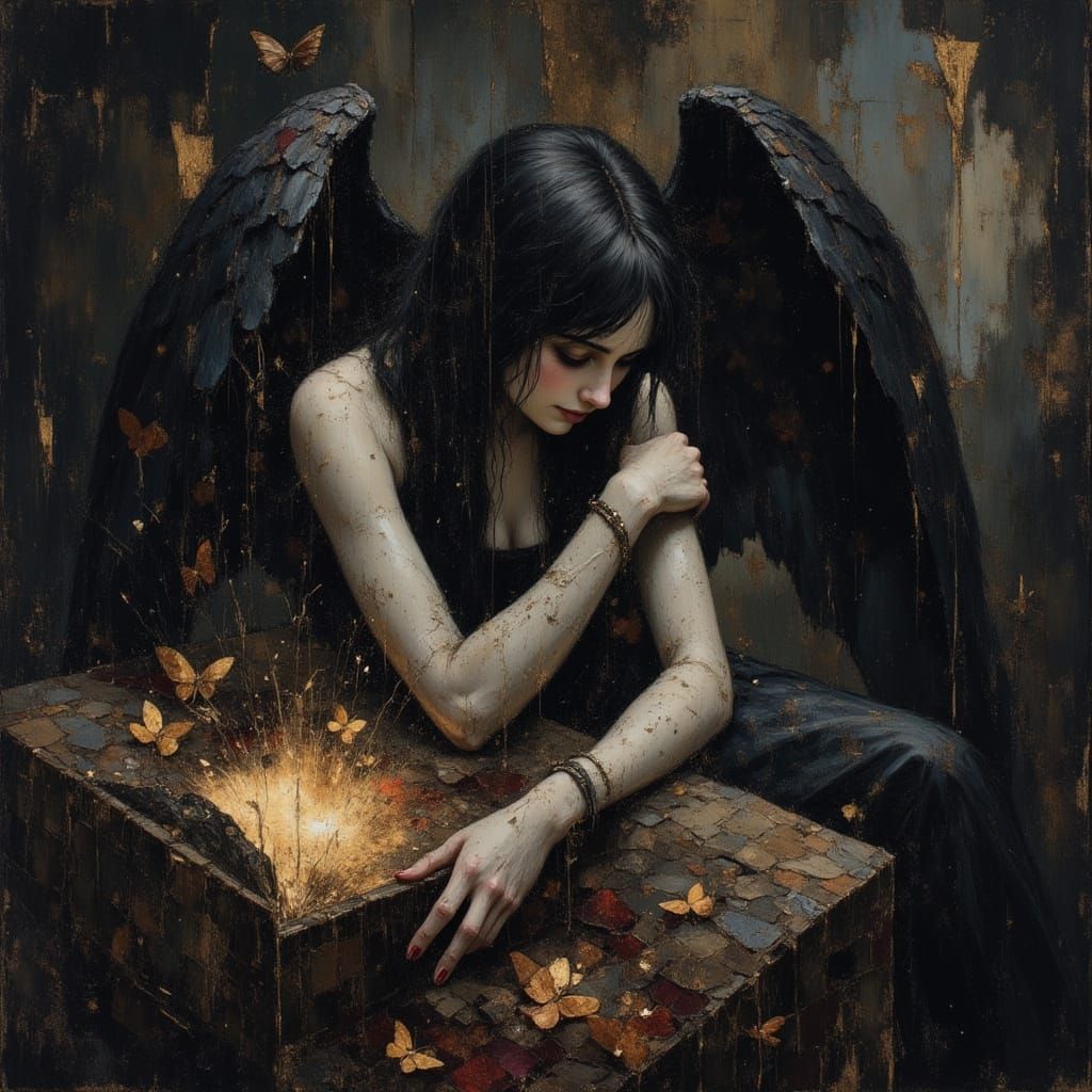 Gothic Angel Weeping Over Memories: Oil Painting
