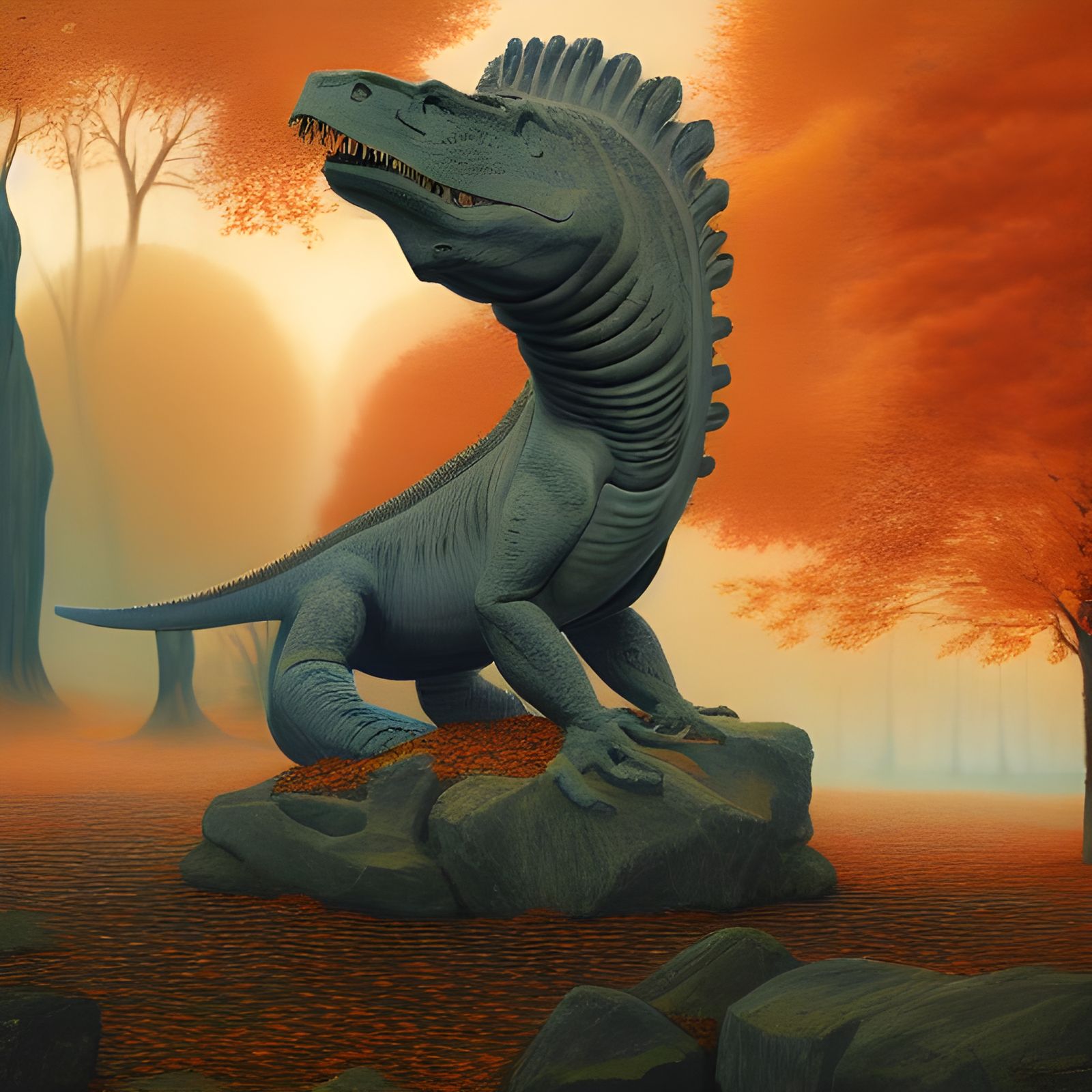 Dinosaur Statue in Autumn Landscape Painting