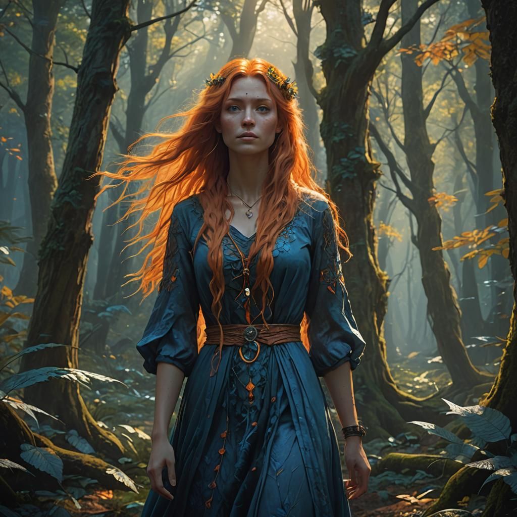 Mystical Forest Girl in a Long Blue Dress