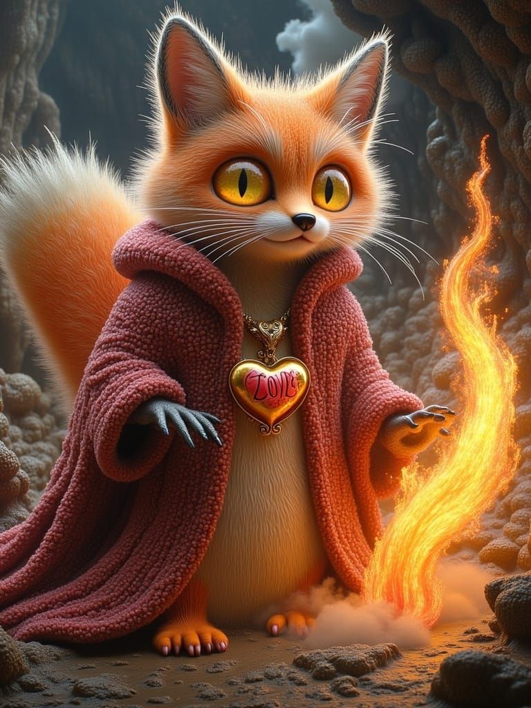 Regal Fox Wizard in Embroidered Robe of Fire