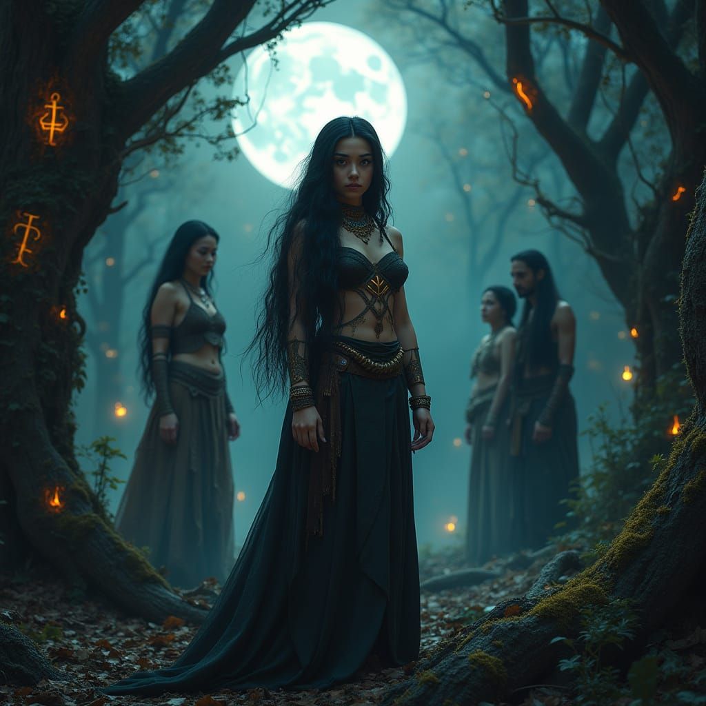 Mystical Forest Scene with Young Woman Under Moon