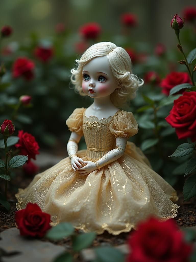Porcelain Doll with Golden Cracks in Victorian Garden
