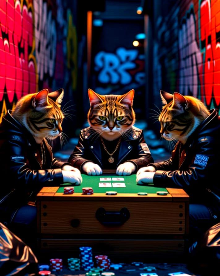 Feral Cats Play Poker in Gritty Graffiti Alley