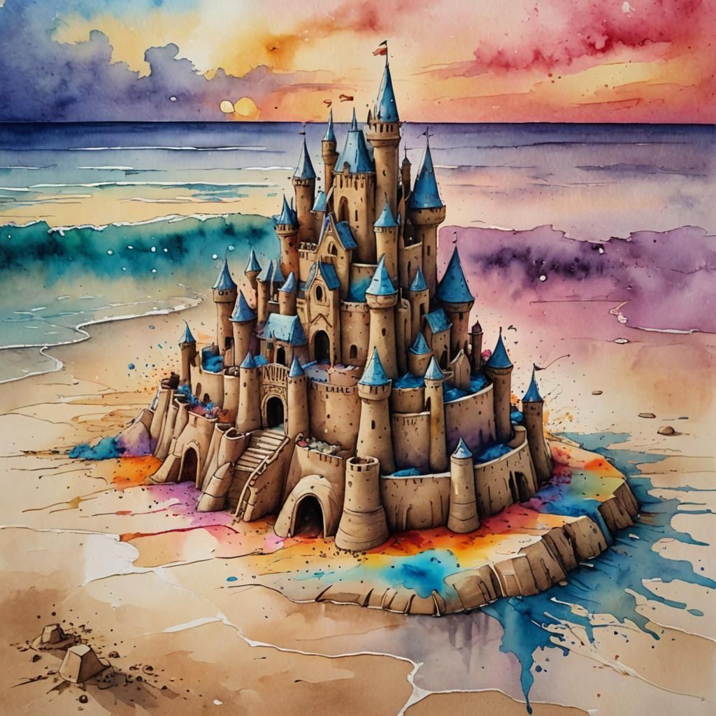 Elaborate Sandcastle at Sunset in Watercolour Style