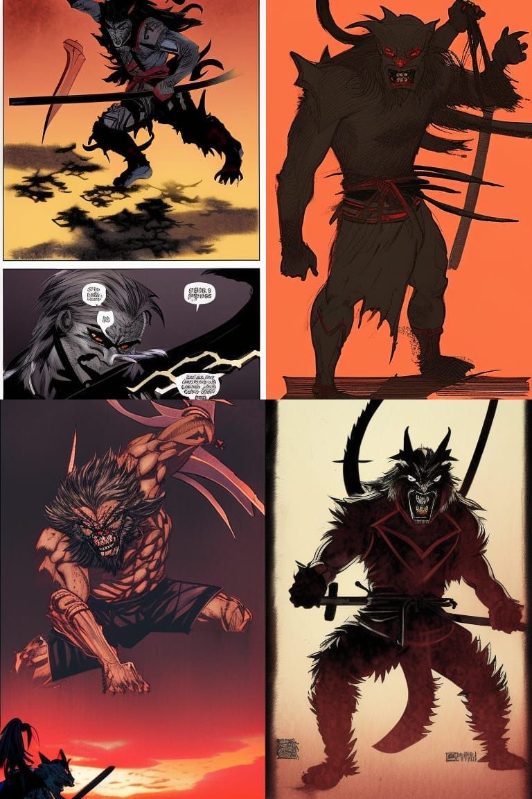 Samurai Werewolf vs Evil Oni in Comic Style