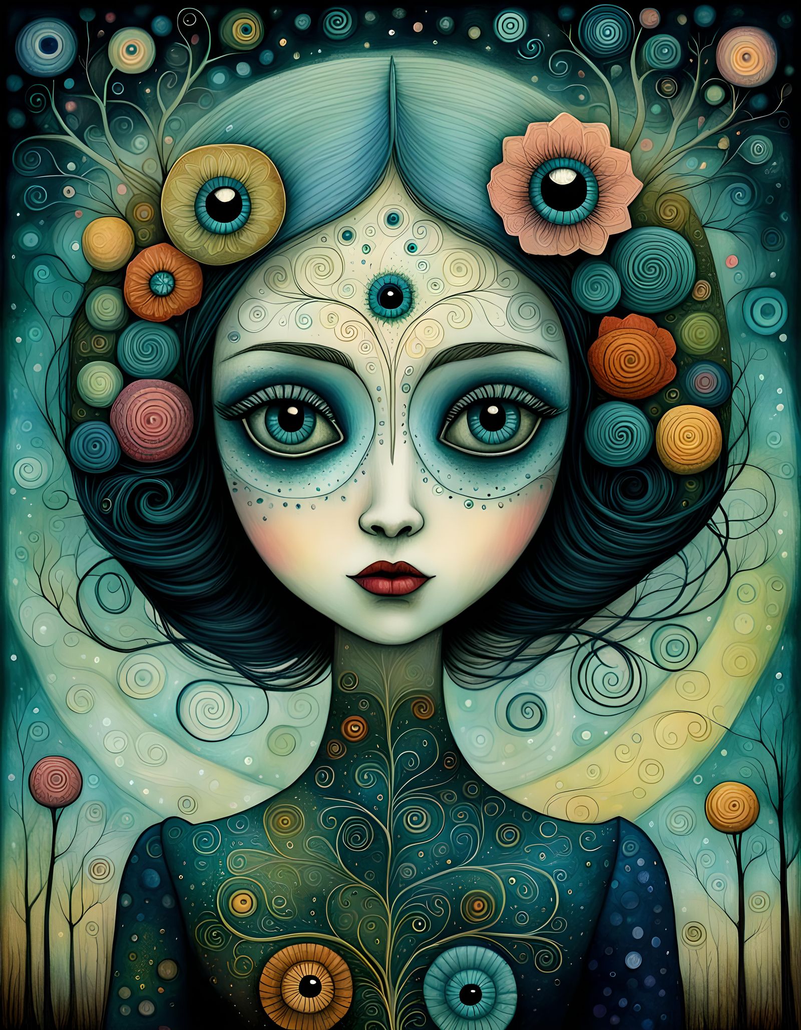 Dreamlike Woman Portrait in Art Brut Style