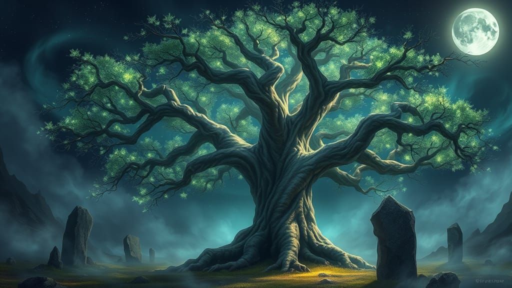 Ancient Tree Radiates Ethereal Light in Whimsical Fantasy Sc...