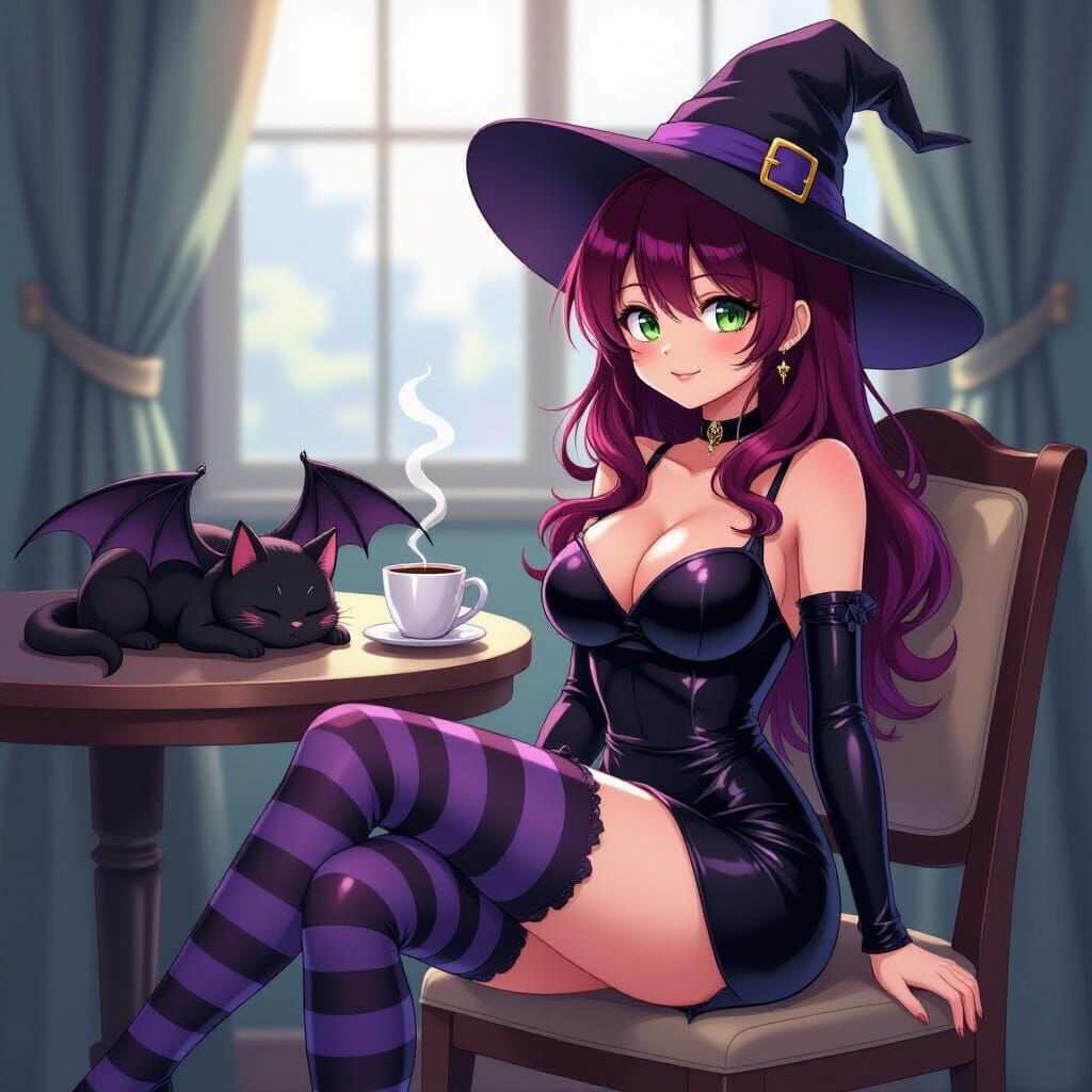 Anime Witch with Sleeping Bat in Studio Trigger Style