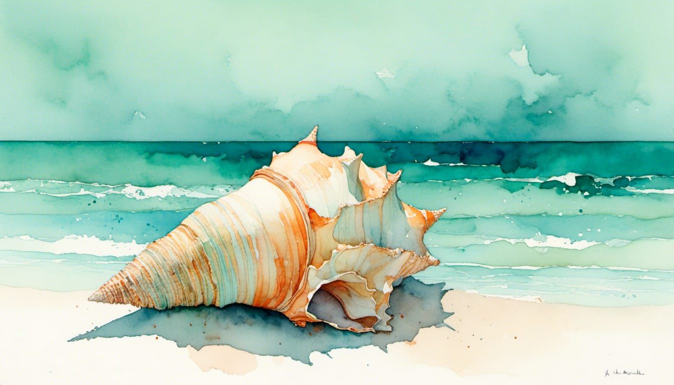 Conch Shell on Beach in Dreamy Watercolor