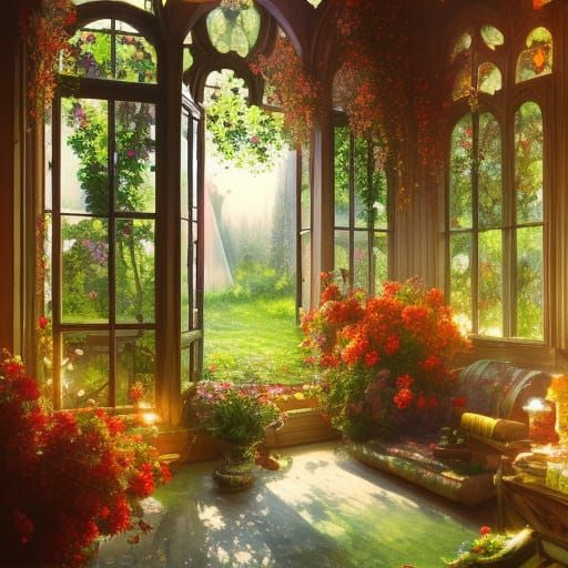 Picturesque Flower Shop Interior with Ornate Windows