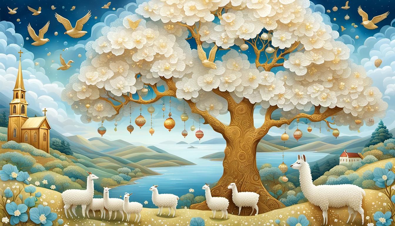 Golden Church with Llamas and Ships, Hyperrealistic Art