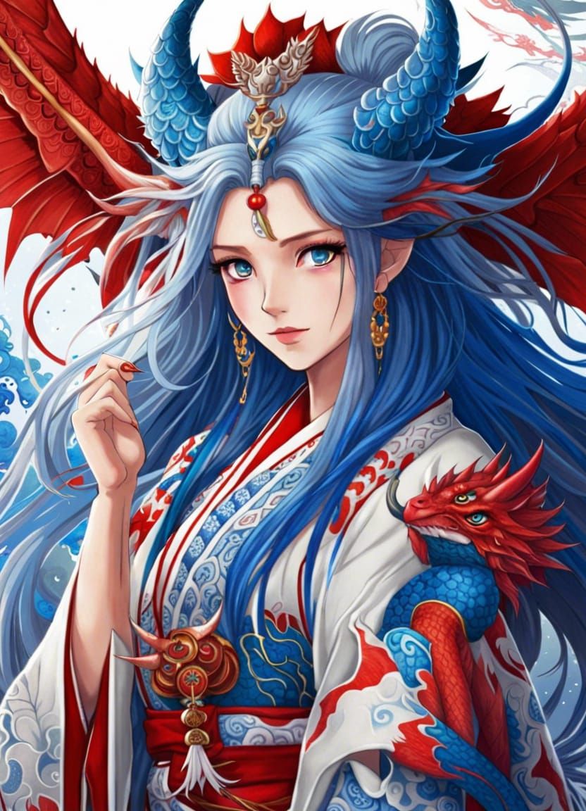 Anime Woman with Dragon Wings and Kimono
