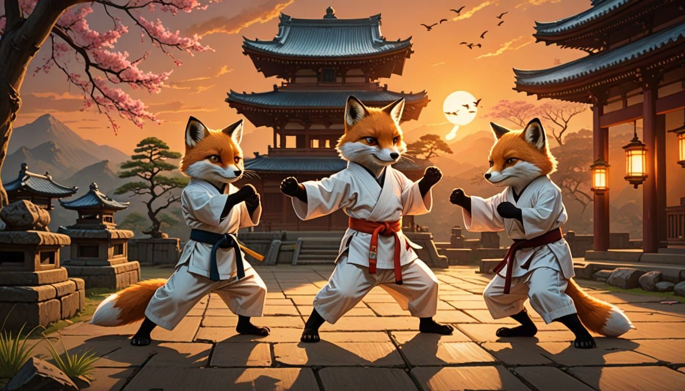 Fox Karate Masters at Sunset in Temple Ruins